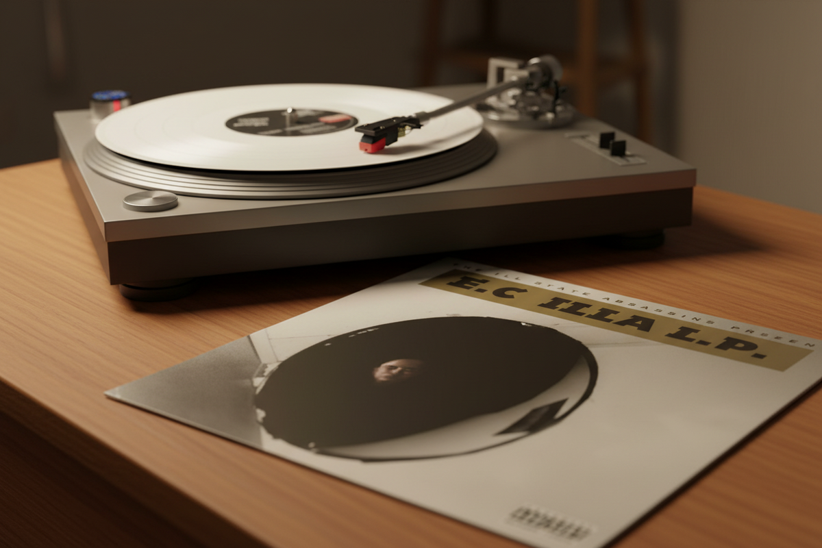 A turntable with a vinyl record on it sits on a wooden table next to a printed record sleeve featuring the text 'EC ILLA LP.