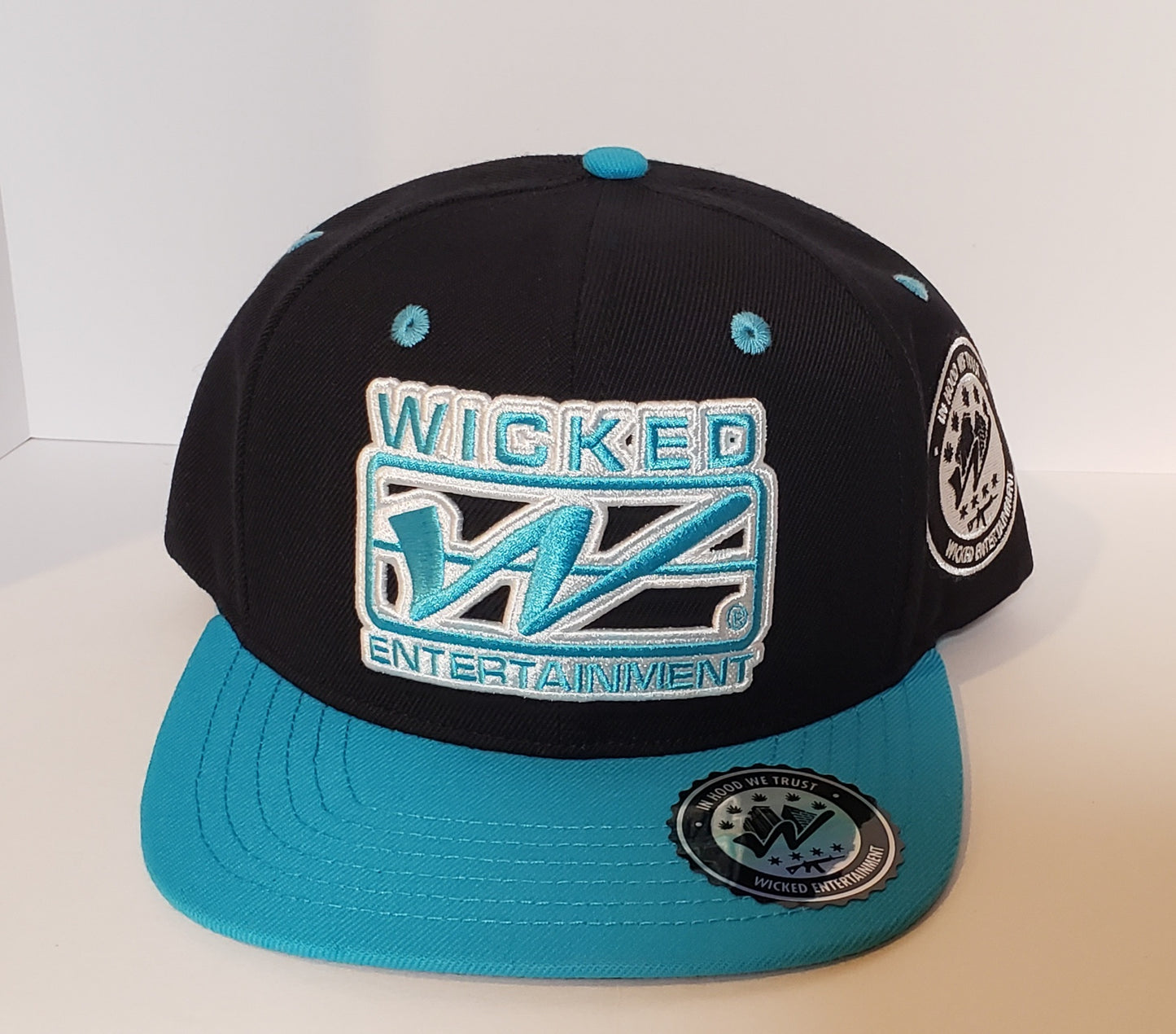 Wicked Logo Snapback hat - Black and Baby Blue with Blue Brim