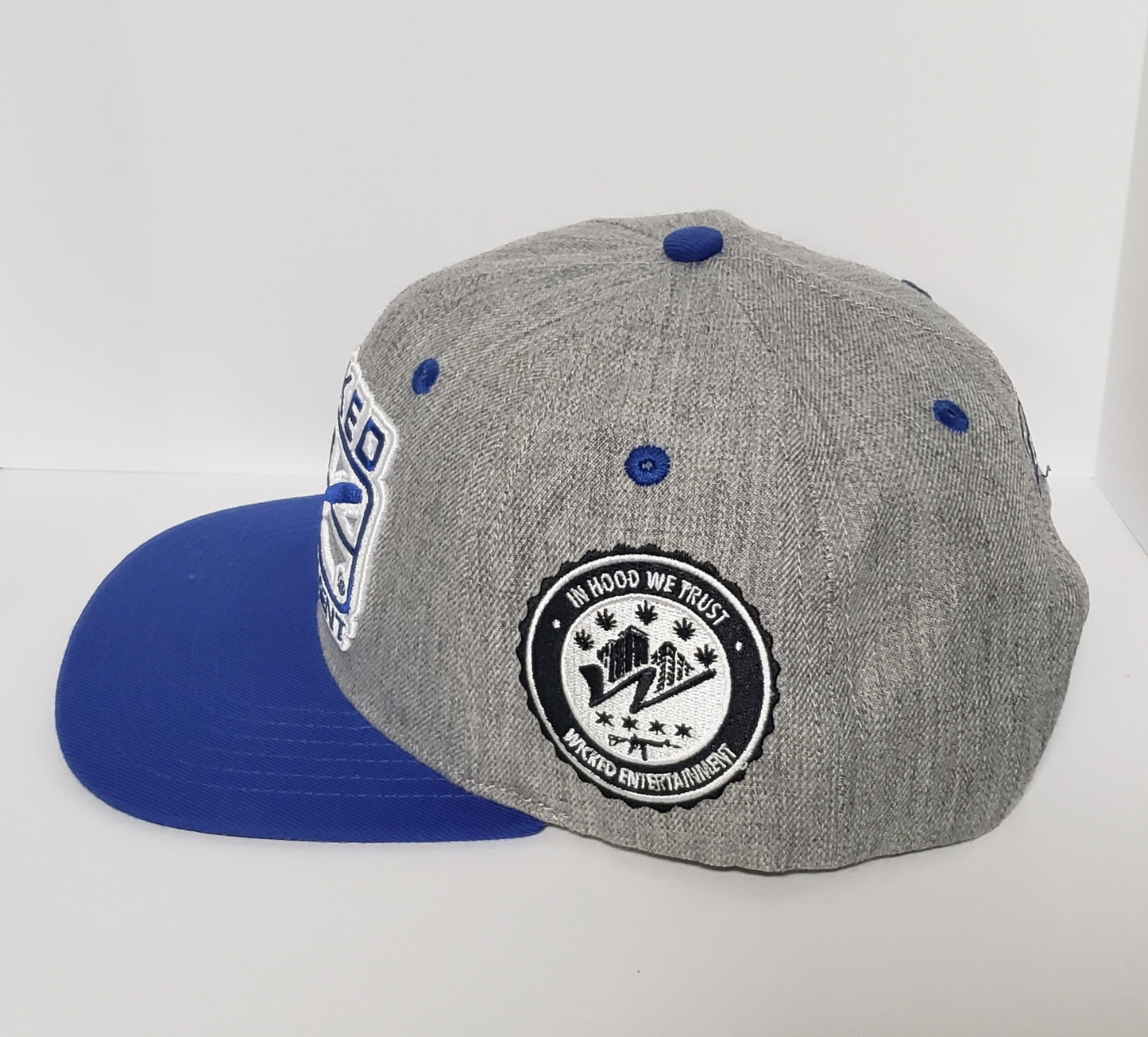 Wicked Logo Snapback hat | Grey and Blue with Blue Brim