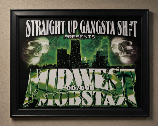 A framed music CD/DVD cover for 'Midwest Mobsta' presented by 'Straight Up Gangsta Sh*t', featuring a green and black city skyline with skull graphics, mounted on a beige wall.